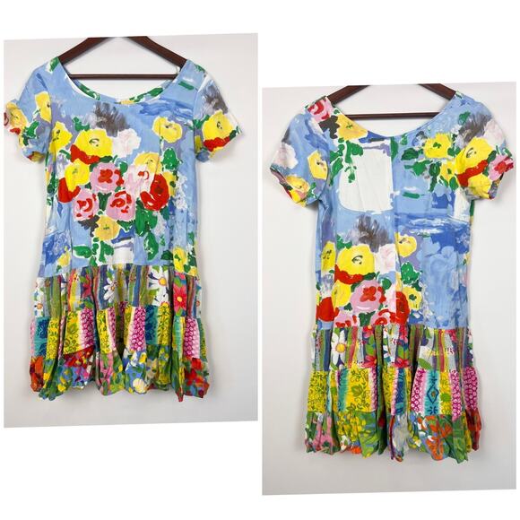 Jams World Floral Art Patchwork S Crinkle Dress Multicolor Boho Short Sleeve - Picture 1 of 8